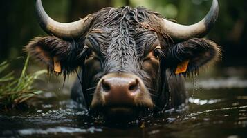 detailopname foto van een water buffel op zoek ieder richting. generatief ai