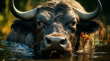 detailopname foto van een water buffel op zoek ieder richting. generatief ai