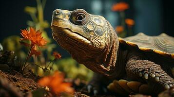 detailopname foto van een schildpad op zoek ieder richting. generatief ai