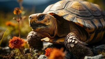 detailopname foto van een schildpad op zoek in hun leefgebied. generatief ai