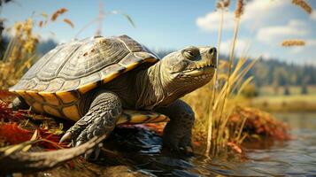 detailopname foto van een snappen schildpad op zoek in hun leefgebied. generatief ai