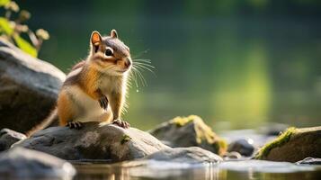 detailopname foto van een chipmunk op zoek in hun leefgebied. generatief ai