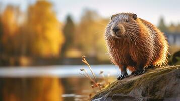 detailopname foto van een bever op zoek in hun leefgebied. generatief ai