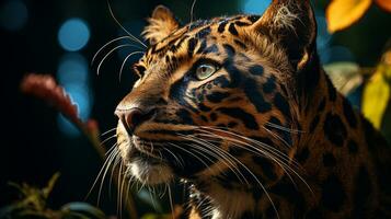 detailopname foto van een Afrikaanse luipaard op zoek ieder richting Aan oerwoud. generatief ai