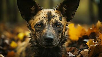 detailopname foto van een Afrikaanse wild hond op zoek ieder richting Aan oerwoud. generatief ai