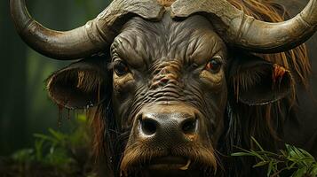 detailopname foto van een Afrikaanse buffel op zoek ieder richting Aan oerwoud. generatief ai