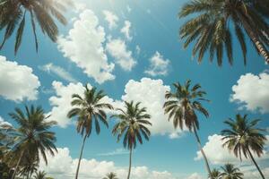 blauw lucht en palm bomen visie van onderstaand, wijnoogst stijl, tropisch strand en zomer achtergrond, reizen concept. ai gegenereerd foto