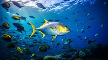 foto van geelvintonijn tonijn met divers vis tussen gezond koraal riffen in de blauw oceaan. generatief ai