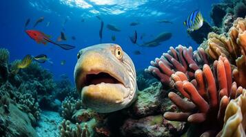 foto van paling met divers vis tussen gezond koraal riffen in de blauw oceaan. generatief ai