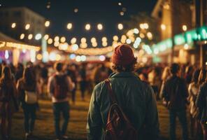 festival evenement partij met hipster mensen wazig achtergrond. ai gegenereerd foto