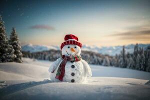 vrolijk Kerstmis en gelukkig nieuw jaar groet kaart met kopieerruimte.happy sneeuwman staand in Kerstmis landschap.sneeuw achtergrond.winter sprookje.. ai gegenereerd foto