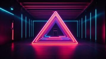 3d veroorzaken. meetkundig figuur in neon licht tegen een donker tunnel. laser gloed.. ai gegenereerd foto