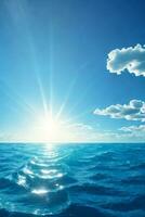 blauw oceaan panorama met zon reflectie, de enorm Open zee met Doorzichtig lucht, rimpeling Golf en kalmte zee met mooi zonlicht. ai gegenereerd foto