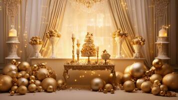 elegant Kerstmis decor Aan een luxueus gouden. generatief ai foto