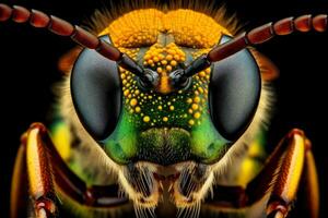 detailopname van insect oog en hoofd met mooi wazig achtergrond, generatief ai illustratie foto