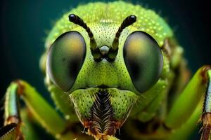 detailopname van insect oog en hoofd met mooi wazig achtergrond, generatief ai illustratie foto