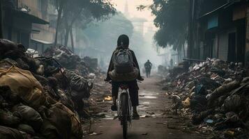 persoon fietsen door vervuild stedelijk Oppervlakte. generatief ai foto
