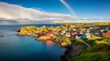 regenboog verhelderend kust- dorp. generatief ai foto