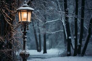 een rustiek lantarenpaal in winter. generatief ai foto