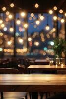 leeg houten tafel top met lichten bokeh Aan vervagen restaurant achtergrond.. ai gegenereerd foto