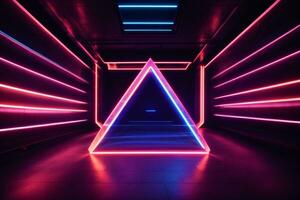 3d veroorzaken. meetkundig figuur in neon licht tegen een donker tunnel. laser gloed.. ai gegenereerd foto