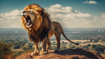brullen van de savanne koning, ai generatief foto