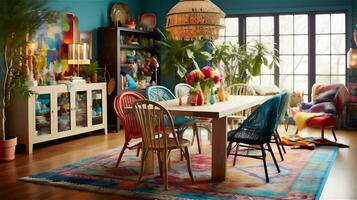 generatief ai, boho chic dining kamer een kleurrijk en eclectisch ruimte foto