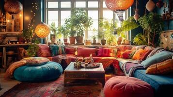 generatief ai, Boheems oase een kleurrijk en eclectisch leven kamer foto