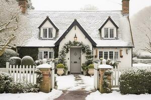 mooi land huisje versierd voor Kerstmis Aan een besneeuwd winter dag, vakantie en viering, generatief ai foto