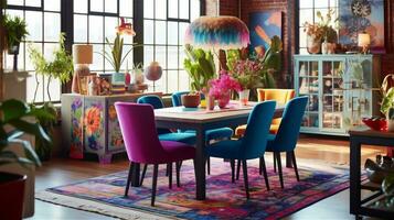 generatief ai, boho chic dining kamer een kleurrijk en eclectisch ruimte foto