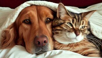 generatief ai, harig het beste vrienden een kat en hond knuffelen omhoog Aan een knus bed foto