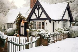 mooi land huisje versierd voor Kerstmis Aan een besneeuwd winter dag, vakantie en viering, generatief ai foto