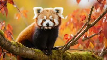 betoverend rood panda aanbiddelijk houding Aan een tak, ai generatief foto