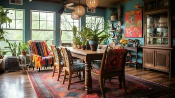 generatief ai, boho chic dining kamer een kleurrijk en eclectisch ruimte foto