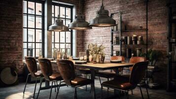generatief ai, rustiek industrieel dining kamer met wijnoogst flair foto
