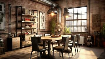 generatief ai, rustiek industrieel dining kamer met wijnoogst flair foto