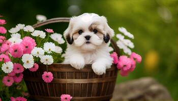 generatief ai, puppy liefde een schattig pup poses in een mand temidden van een bloemen paradijs foto