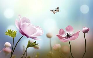 vers voorjaar ochtend- Aan natuur en fladderend vlinders Aan een zacht groen achtergrond. generatief ai foto