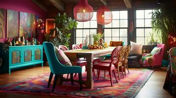 generatief ai, boho chic dining kamer een kleurrijk en eclectisch ruimte foto