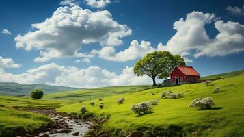 platteland schuur een pittoreske edelsteen temidden van groen velden foto