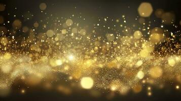 abstract luxe goud achtergrond met goud deeltjes. schitteren wijnoogst lichten achtergrond. Kerstmis gouden licht schijnen deeltjes bokeh Aan donker achtergrond. goud folie textuur. vakantie. ai generatief foto