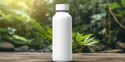 wit blanco fles mockup met natuurlijk thema achtergrond. ai generatief foto