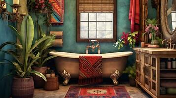 generatief ai, boho gelukzaligheid een levendig en ontspannende badkamer ontwerp foto