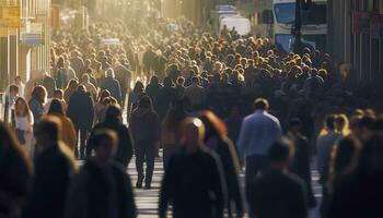 menigte van mensen wandelen bezig stad straat verlicht. generatief ai foto