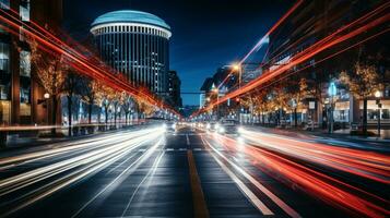 stedelijk symfonie betoverend licht trails Bij nacht, generatief ai foto