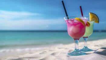 cocktail glas Aan de zanderig strand in de buurt de zee in zomer tijd. generatief ai foto