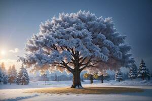 mooi boom in winter landschap in laat avond in sneeuwval. ai gegenereerd foto