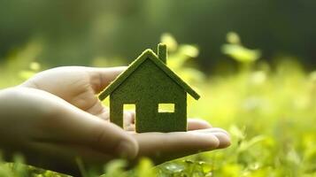 hand- Holding eco huis icoon. een symbool van hoop voor de toekomst. ai generatief foto