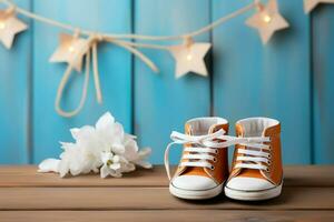 houten backdrop highlights schattig baby schoenen, perfect voor toevoegen Op maat tekst ai gegenereerd foto