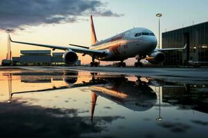 reflectie van een passagier vliegtuig in de buurt de jetway gevangen genomen in een plas ai gegenereerd foto